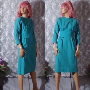 Vintage 60s Wool Pencil Dress Size Small 1960s Retro Aqua Joan Holloway Mod Chic